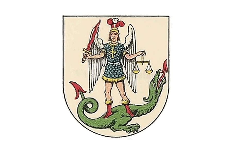 St. Mikael på våpenskjold frå Wien-Heiligenstadt Av de:User:Hieke (original upload), Offentleg eigedom, https://commons.wikimedia.org/w/index.php?curid=740939